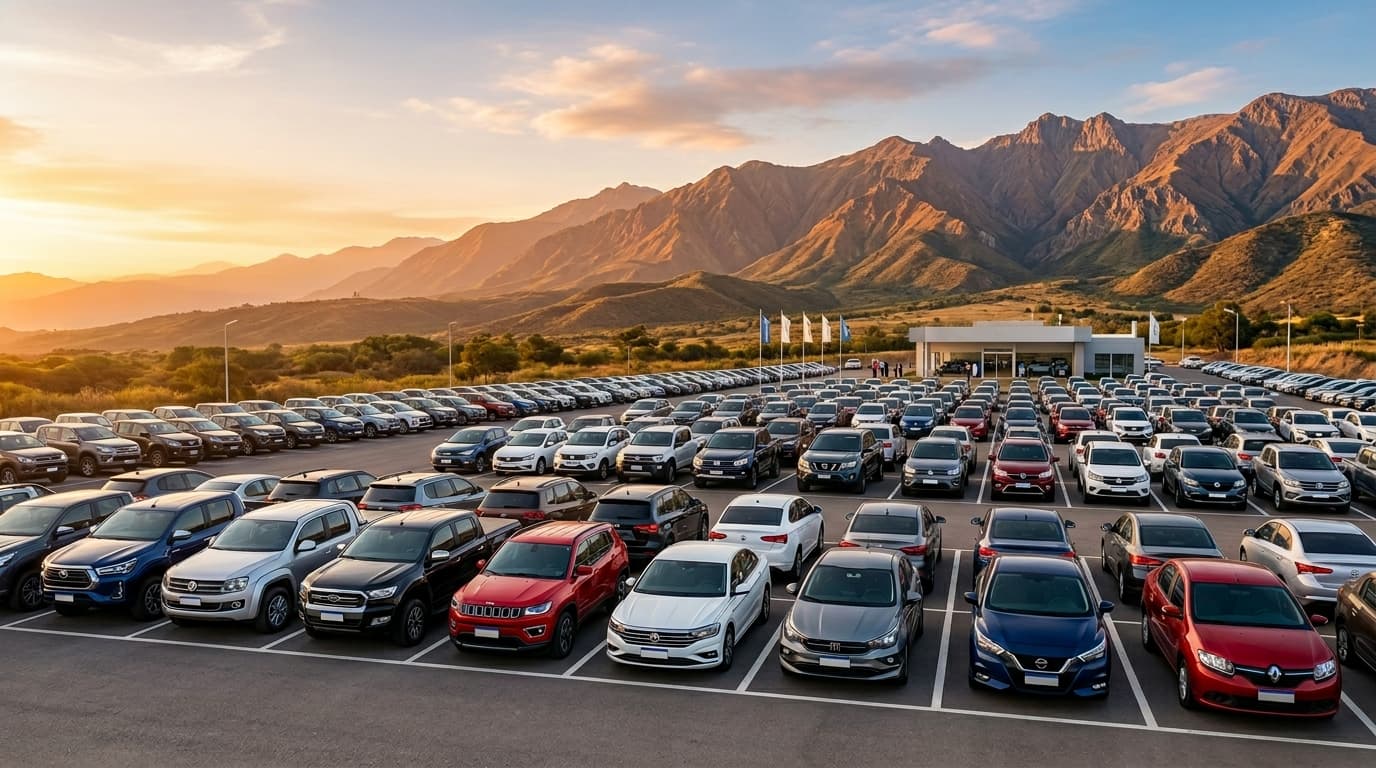Concesionaria de autos con montañas tucumanas al atardecer
