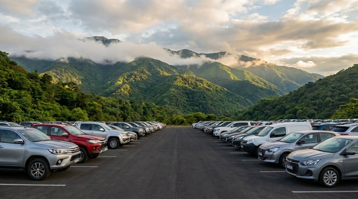 Autos en fila con las montañas verdes de las Yungas tucumanas